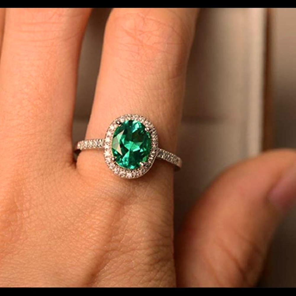 Lab emerald diamond crystal ring 925 silver nice!